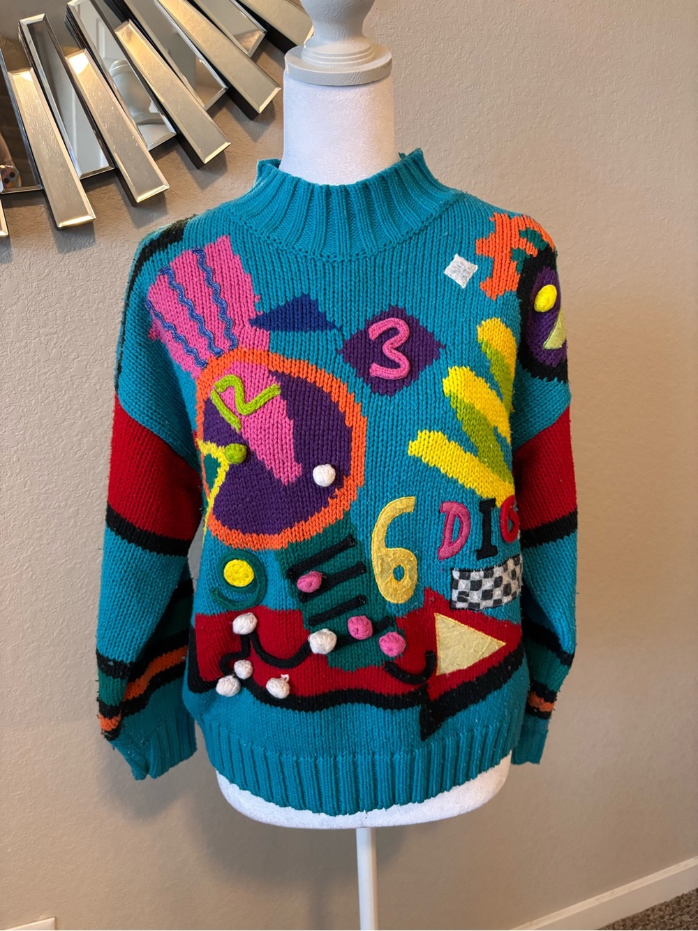 One Step Ahead Teal Graphic Knit Crewneck Sweater with Multicolor Accents